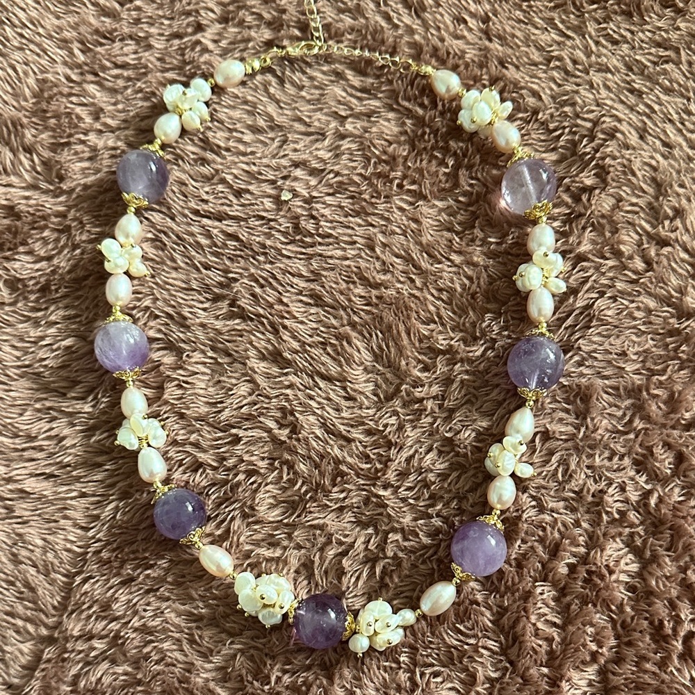 Elegant Pearl and Purple Bead Necklace